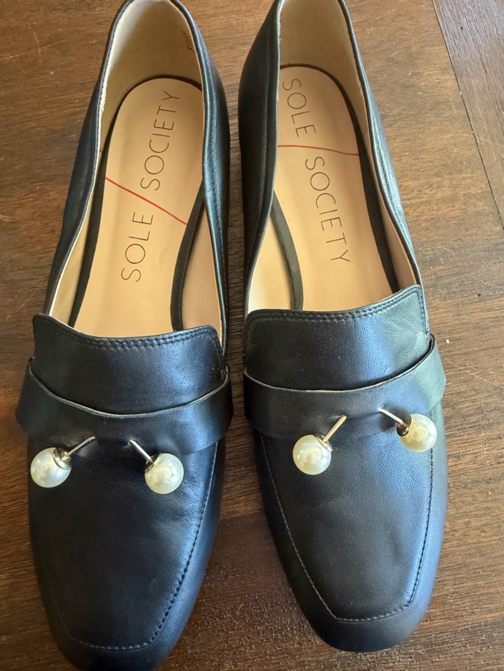 Sole Society Black Faux Leather Loafers with Pearl Stud Detail